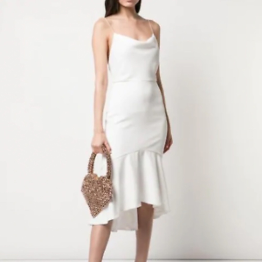 Alice + Olivia Adrina cowl neck spaghetti strap high-low midi dress